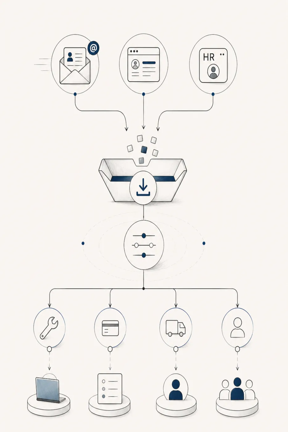 Illustration: Eingehende Anrufe werden nach Themen sortiert und an ein Ticketsystem übergeben.