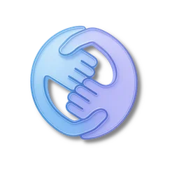 Symbol mit zwei ineinandergreifenden Händen in einem Kreis, dargestellt in Blau- und Lilatönen auf schwarzem Hintergrund.