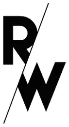 Schwarzes stilisiertes RW-Logo mit diagonaler Linie in der Mitte auf weißem Hintergrund.